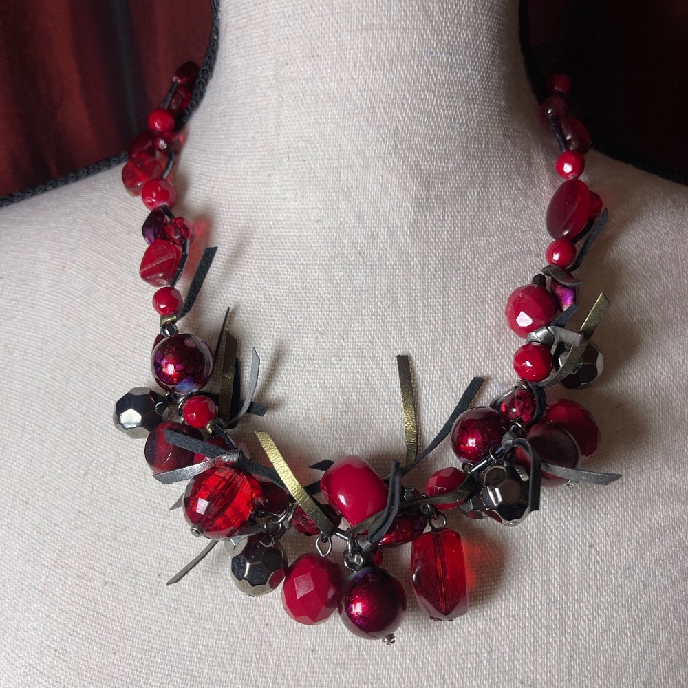 Chico's Red Beads Necklace with Silver Leather Ties